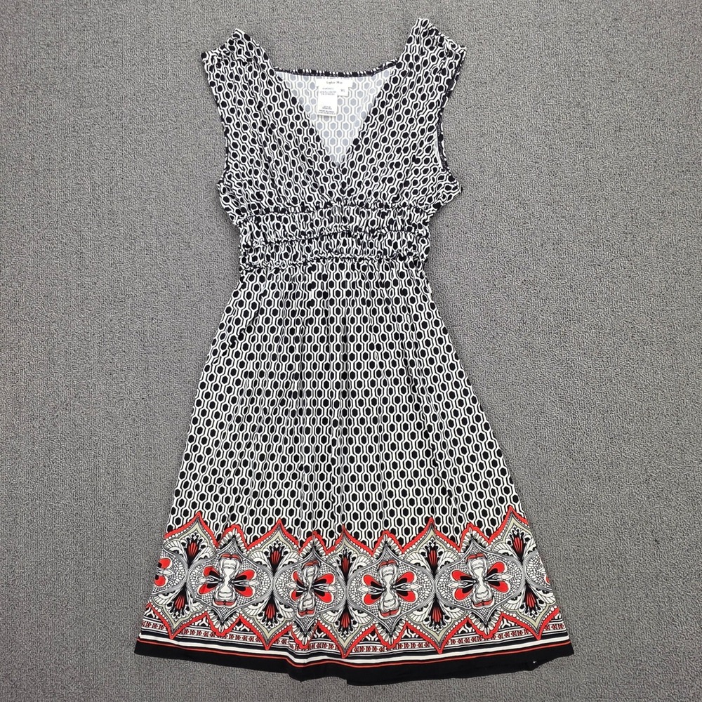 Sophie Max Womens XS Geometric Honeycomb‎ Smocked Waist Dress Black Red